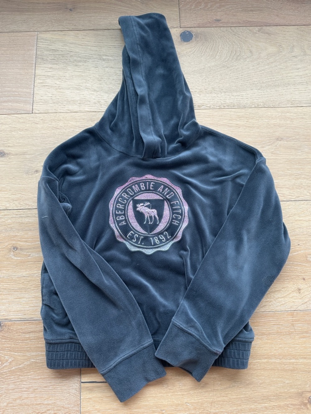 abercrombie kids black hoodie with pink logo crest